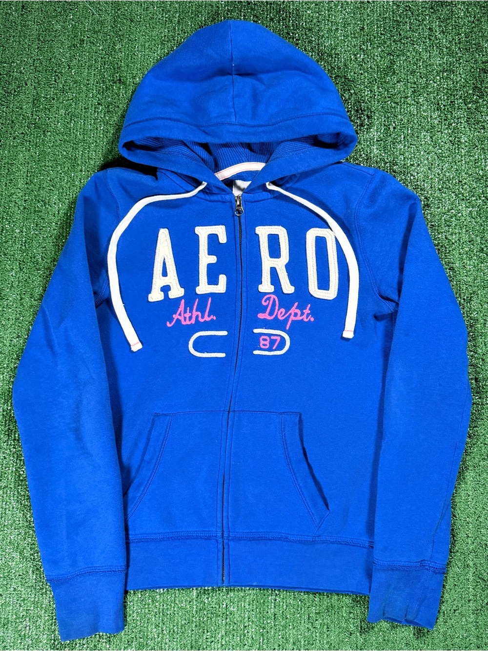 Y2K Womens Aeropostale Spellout Zip Up Hoodie Blue Medium